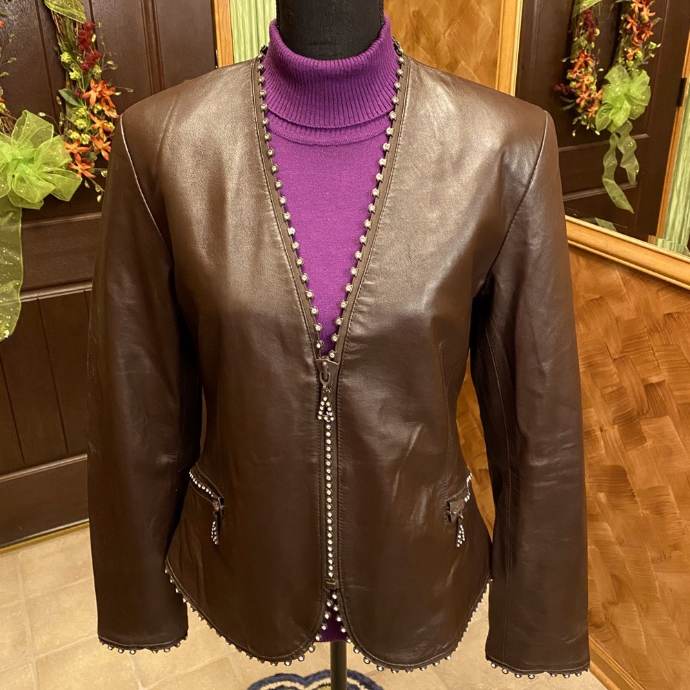 Raffaelo Leather Jacket with Crystal Zippers M